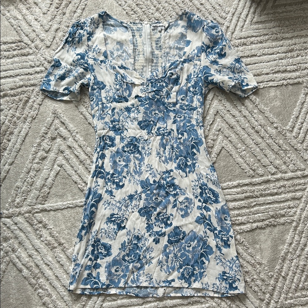 Reformation Floral Blue and White Dress